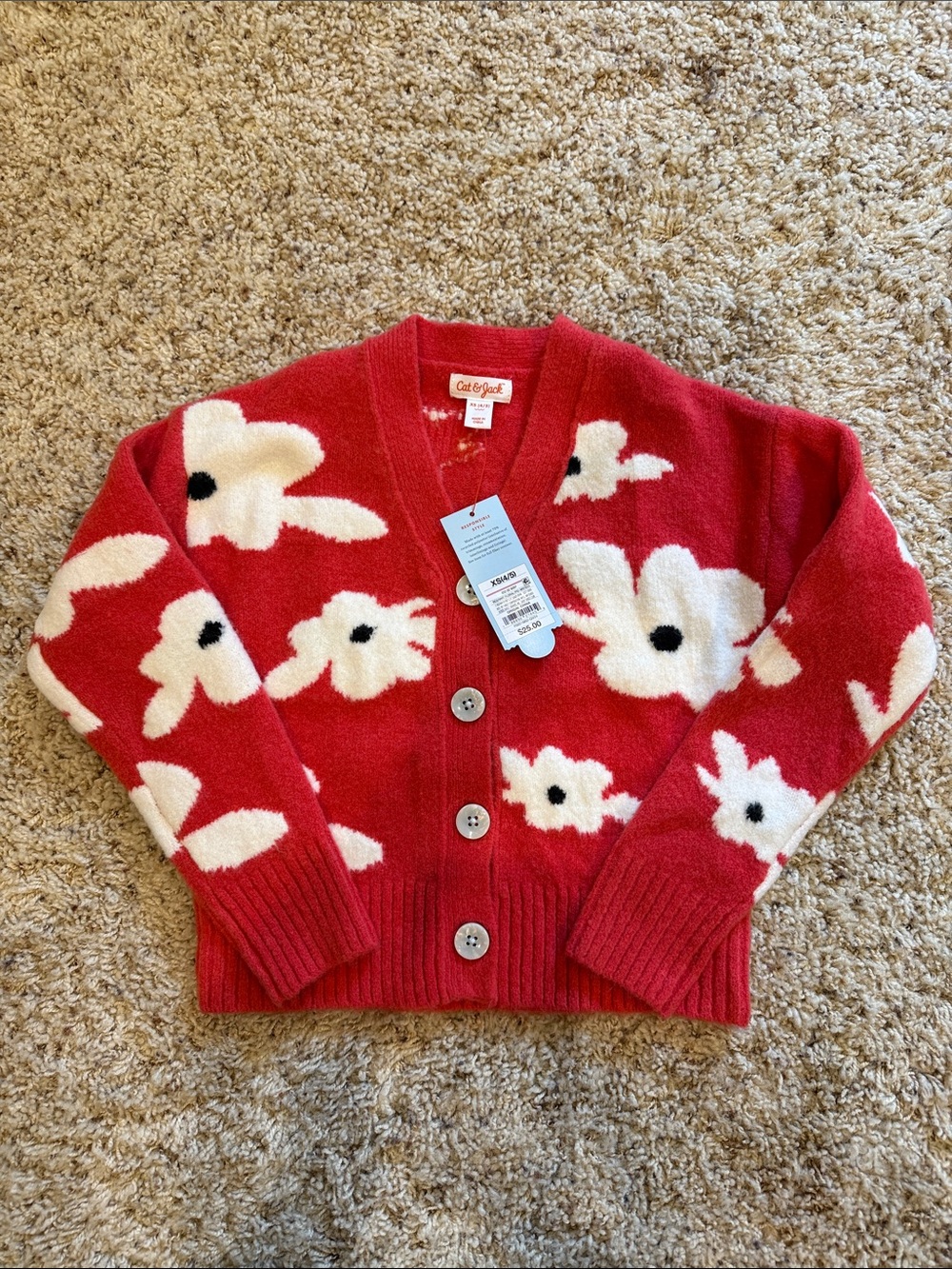 Cat & Jack Red Floral V-Neck Button Cardigan